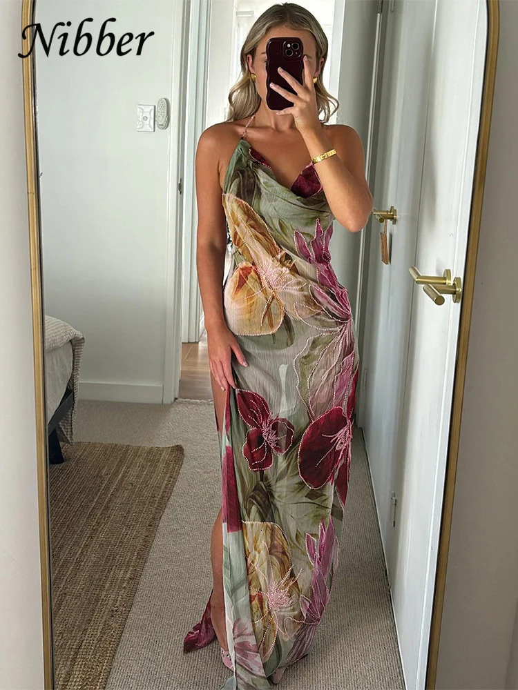 Nibber Bead Chain Halter Dress Y2K Floral Print Elegant Sexy Swing Collar Backless Birthday Midnight Party Split Maxi Bodycon 250704