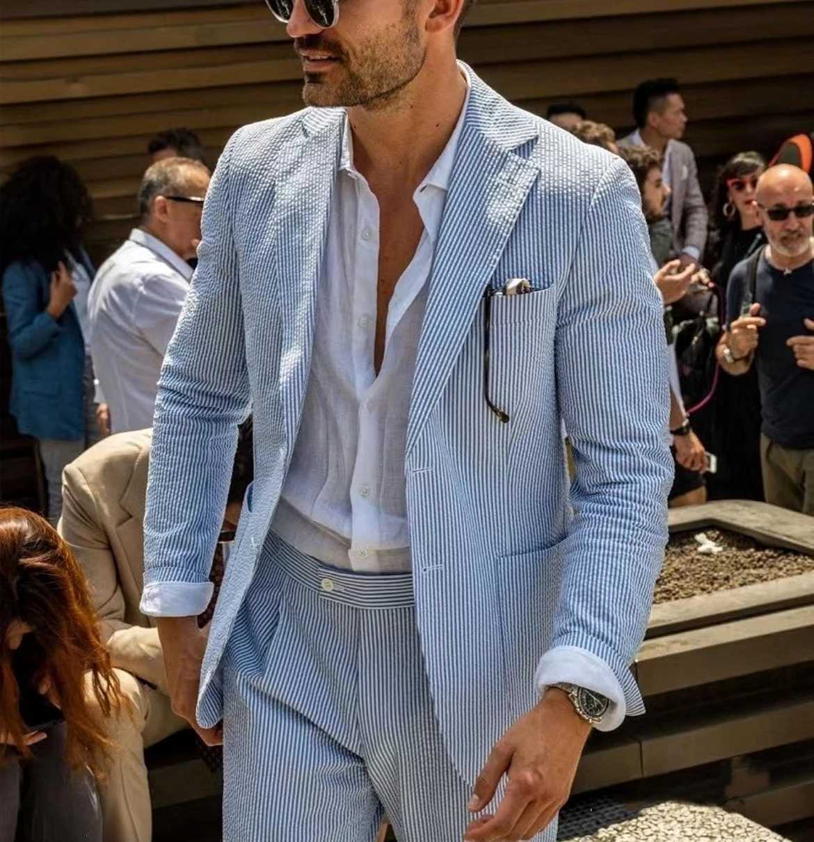 2-piece Mens Casual Suit Jacket Pants Summer Breathable Comfortable Casual Fashionable Mens Suit Solid Color Striped Sexy Suit X250704
