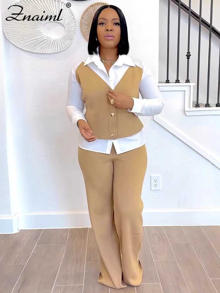Znaiml Elegant Office Womens Long Slve Patchwork Vest Shirt and Straight Pants Two 2 Piece Sets Work Suits Matching Outfits X250704
