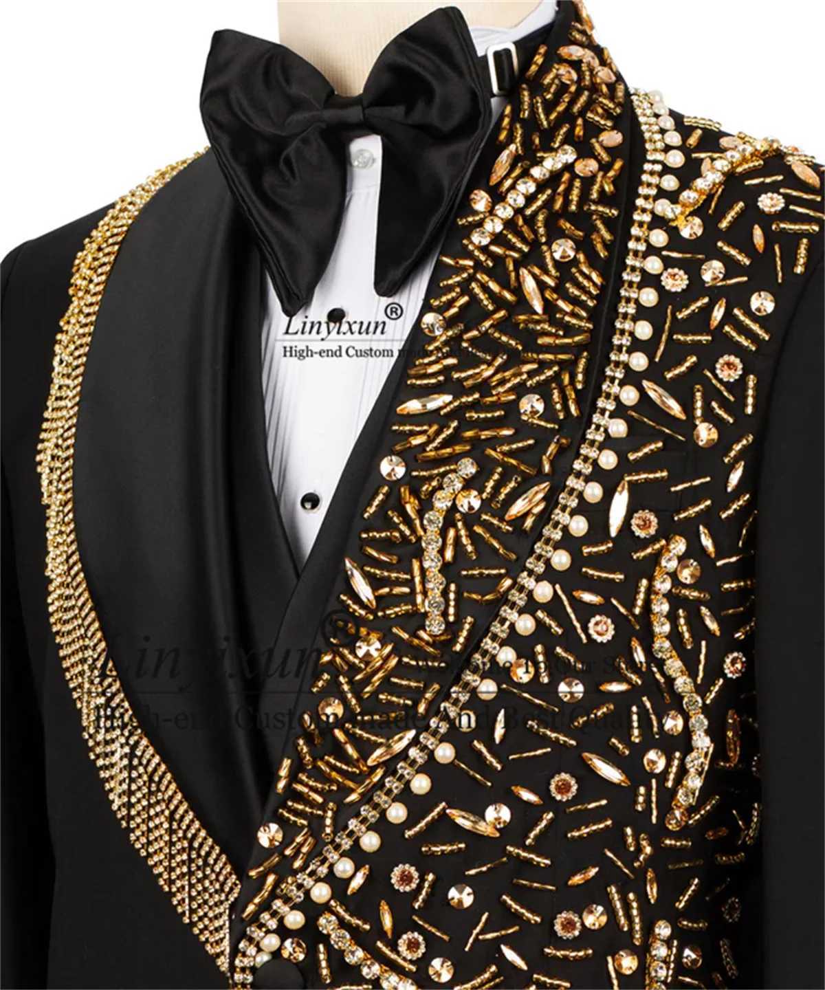 Gold Stone Embroidery Tuxedo Men Suits 3 Piece Sets Luxury Bead Groom Male Party Blazers Customized Slim Fit Wedding Mens Clothing X250704