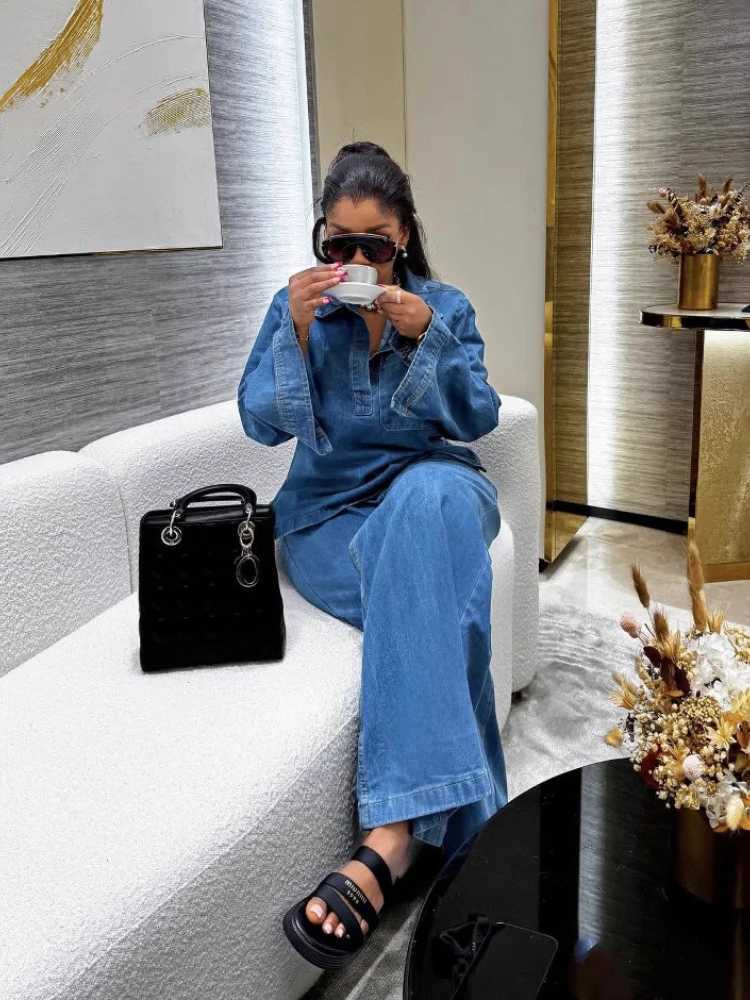 Denim Pant Set Women Two Piece Sets Turn Down Collar Mom Jeans Shirt Tops Wide Leg Long Pants Straight Trousers Y2k Strtwear X250704
