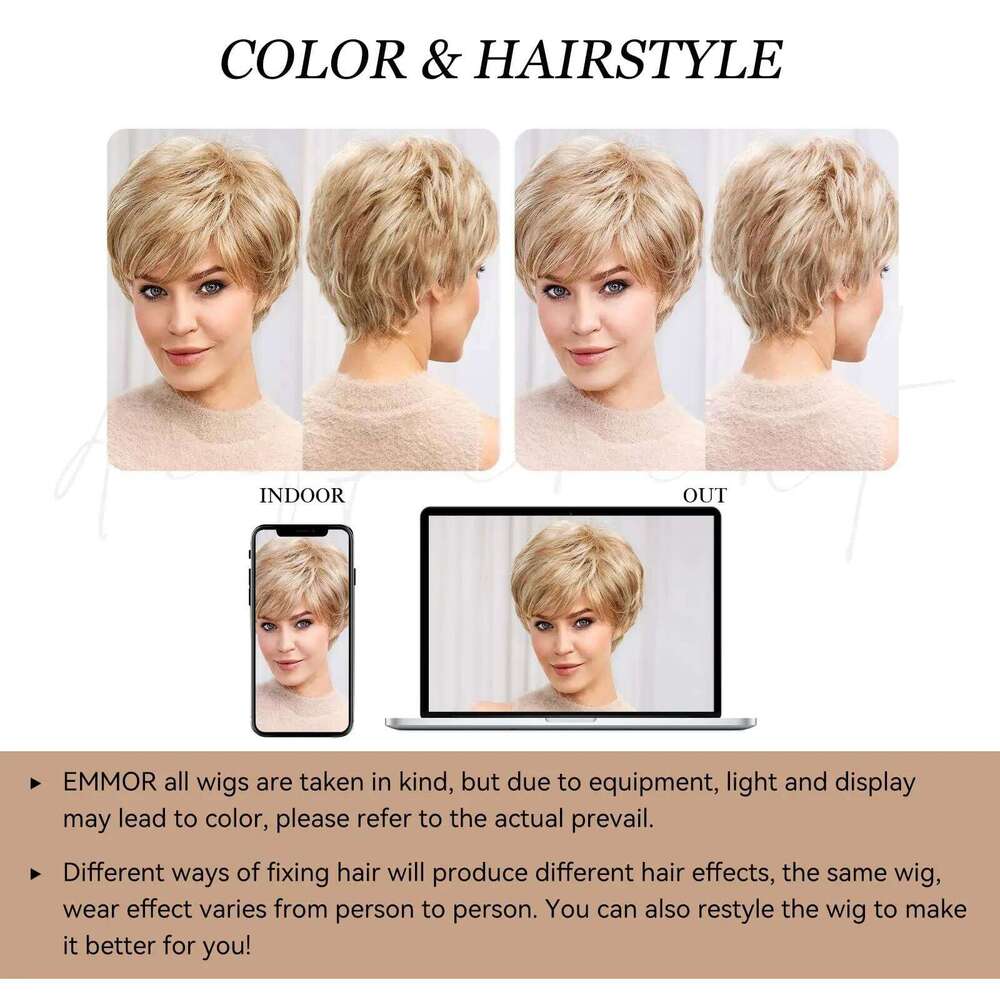 Golden Blonde Kanekalon Like Human Hairs Synthetic Wigs for Women Short Pixie Cut Natural Layered Blend Hair Wig Heat Resistant
