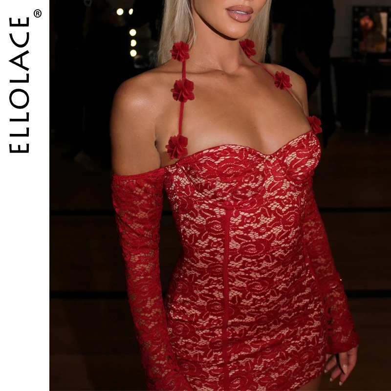 Ellolace Fancy Lace Summer Dresses Flare Sleeve Short Elegant Party Red Halter FloralLove y Prom Dress 250704