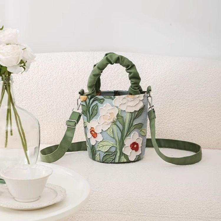 Free Shipping Designer High-end Ten Font Pleated Hand-held Bucket Bag For Women, Korean Version Illustration Art For Women, Watercolor Creativity