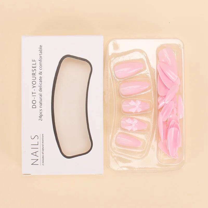 24Pcs Medium Al Press-On Pink Nails Glossy Elegant Full Cover Nail Tips with Bow Design for Daily Simple Beauty Finger Wear X250704