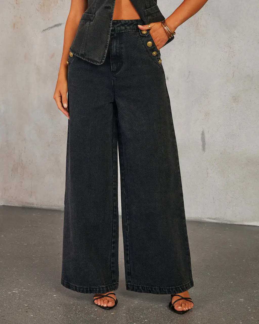 Fmxires 2025 new Retro Suit Womens Summer Blue Slveless Denim Vest High Waisted Wide Leg Pants Two-piece Set Female Clothes X250704