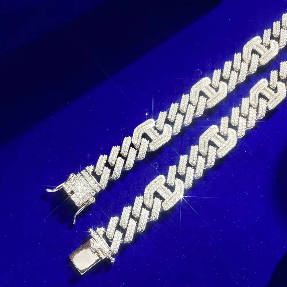 Hip Hop Jewelry 15.5MM Figarucci Coffee Bean Link Prong Zircon Claw Baguette Cut 925 Silver Cuban Chain Necklace