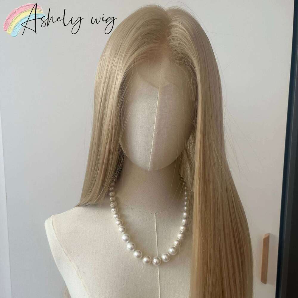 Ashely Platinum Blonde 26inch 13x4 Front Wig Long Straight Synthetic Lace Wigs High temperature Fibers for Cosplay