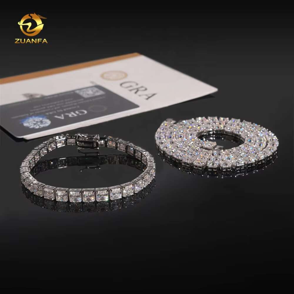 Hip Hop Jewelry High Quality VVS 925 Silver Asscher Cut 5.5MM 0.8CT Moissanite Tennis Chain Necklace