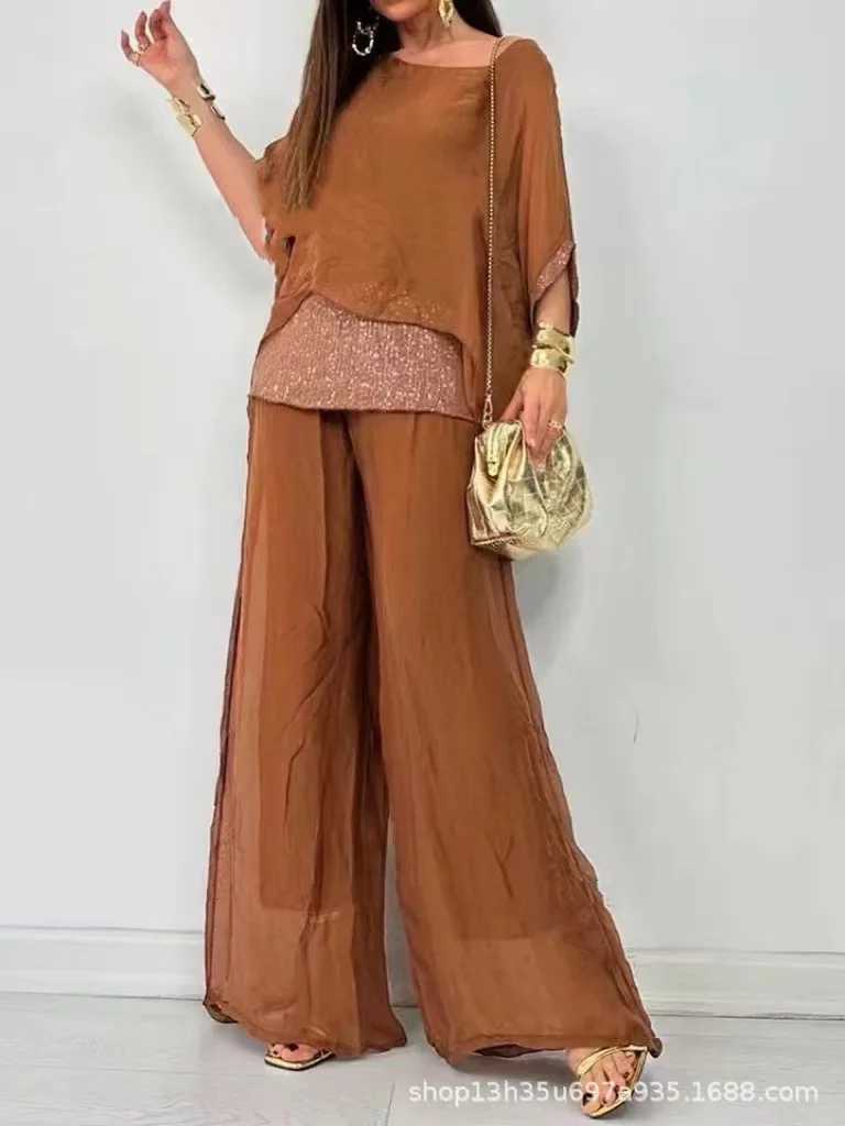 Fashion Solid Chiffon Suit For Women Casual Round Neck Bat Slves Sequin Top Wide Leg Pants Two Piece Set 2024 Summer New X250704