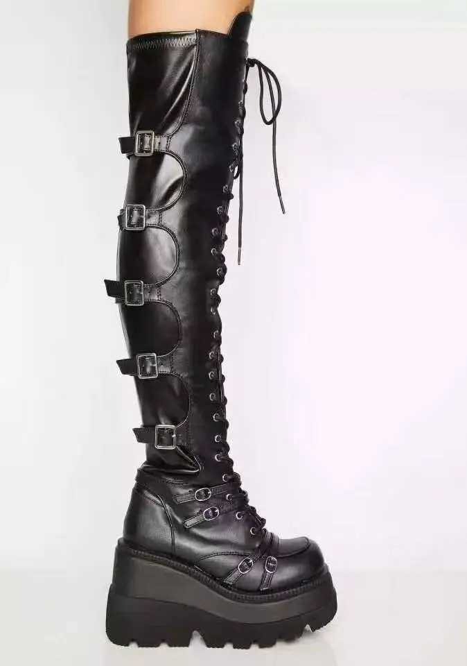 Fashion High Boots Women Platform Wedges Motorcycle Boot Over The Knee Army Stripper Heels Black Lace-up Belt Long Boots Z250704