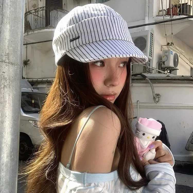 Japanese Retro White Striped Cap Wens Summer Literary and Artistic Face Hat Light and Breathable Sunshade Baseball Cap X250704