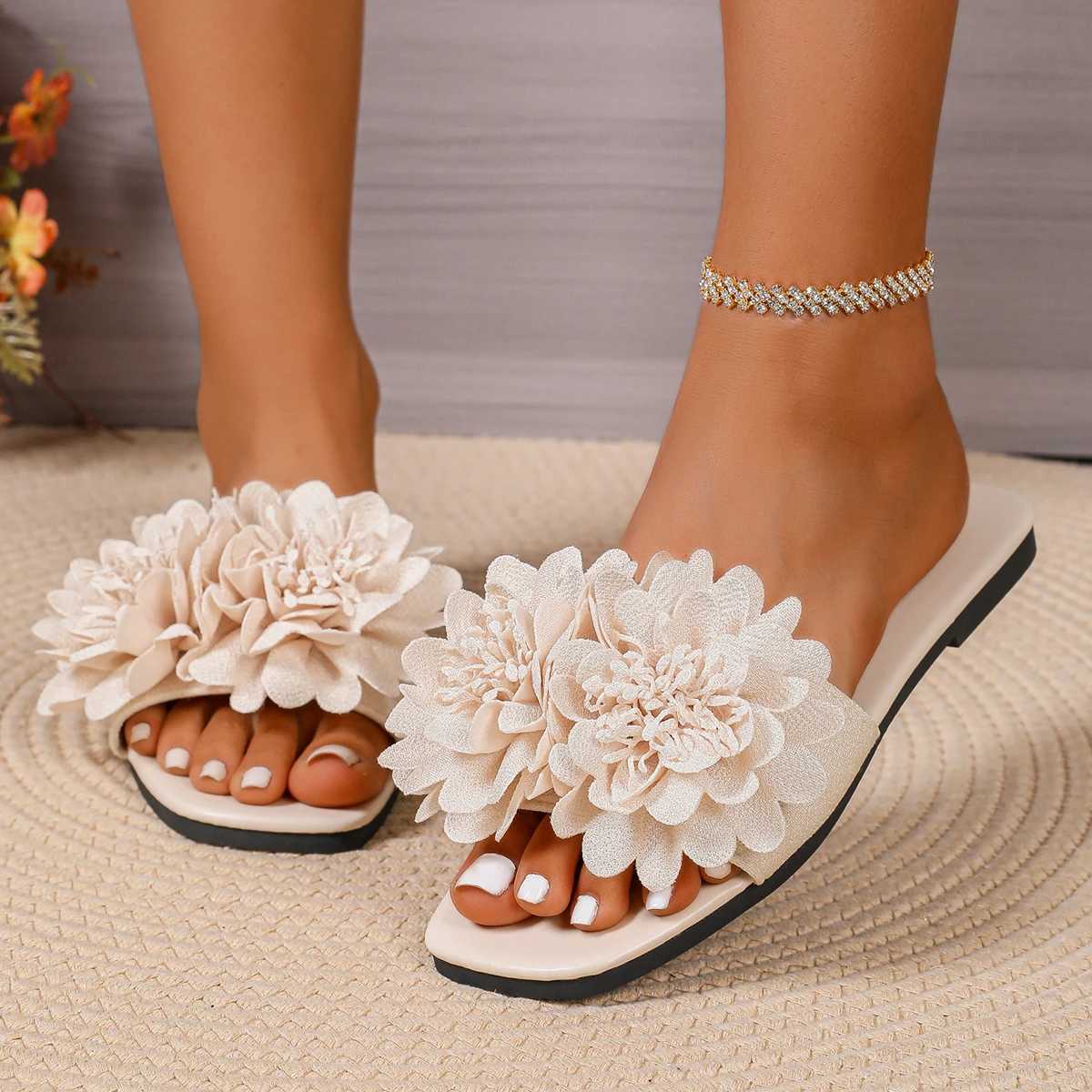 2025 Summer Ladies Shoes Open Toe Womens Slippers Fashion Flower Dress Slippers Women Square Heel Shoes for Women W250704