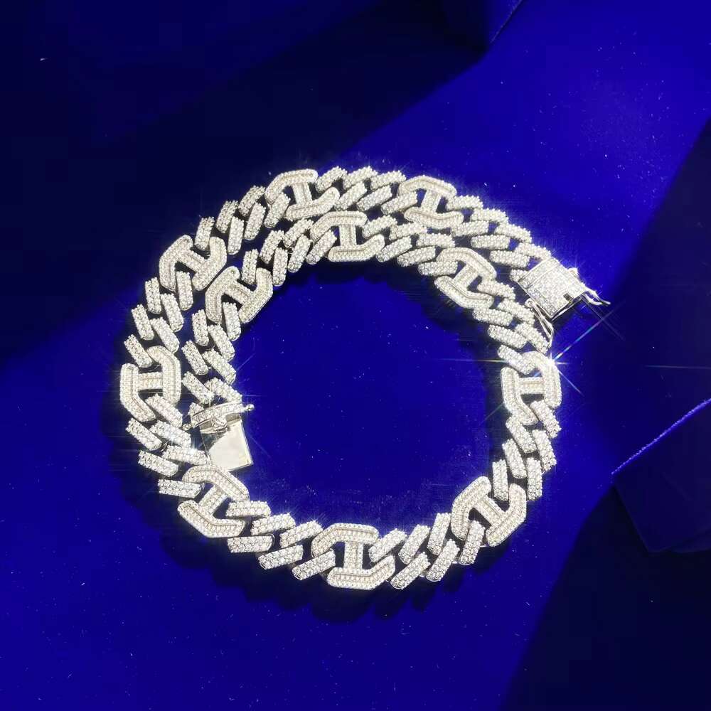 Hip Hop Jewelry 15.5MM Figarucci Coffee Bean Link Prong Zircon Claw Baguette Cut 925 Silver Cuban Chain Necklace