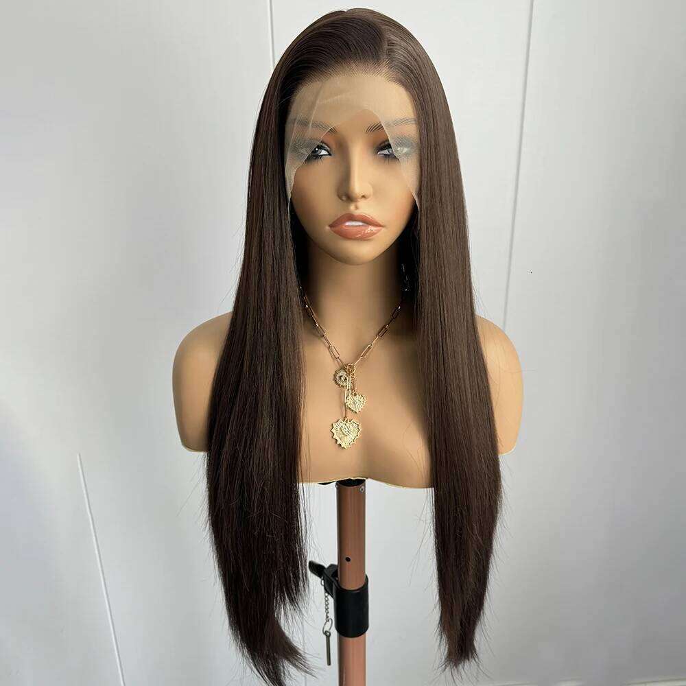 Wig Long Straight Synthetic Front for Women Brunette Hair Dark Chocolate Brown Lace Wigs Daily Use Party Cosplay