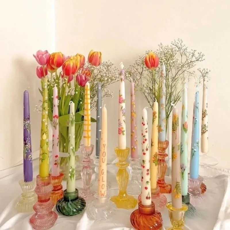 Christmas Long Scented Candle Heart-shaped Floral Print Romantic Girl Party Candlelight Dinner Long Candle Stick Home Decoration W250704