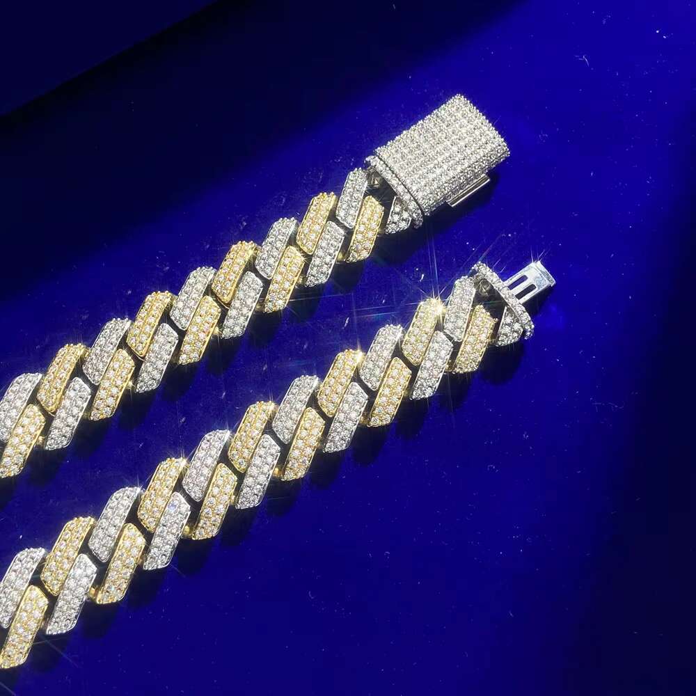 Hip Hop 16mm Iced Out 925 Silver VVS Moissanite Diamond Two Tone 925 Silver Miami Cuban Link Chain Choker Necklace for Men