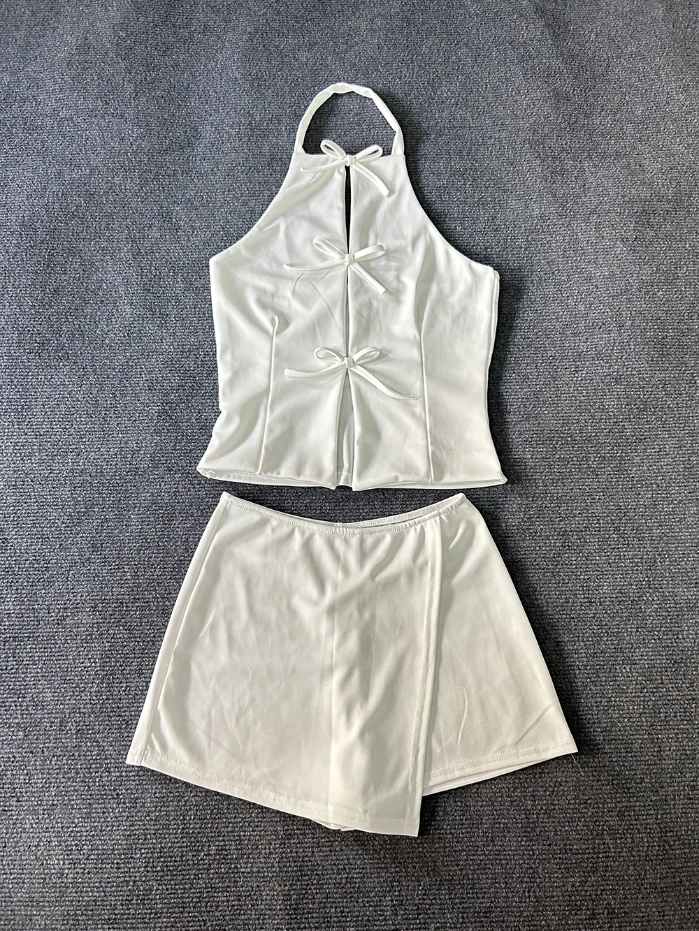 Womens Summer Temperament Solid Color Hollow Pleated Bag Hip Half Skirt Two-Piece Set Elegant Fashionable Ladies Outfit 250704