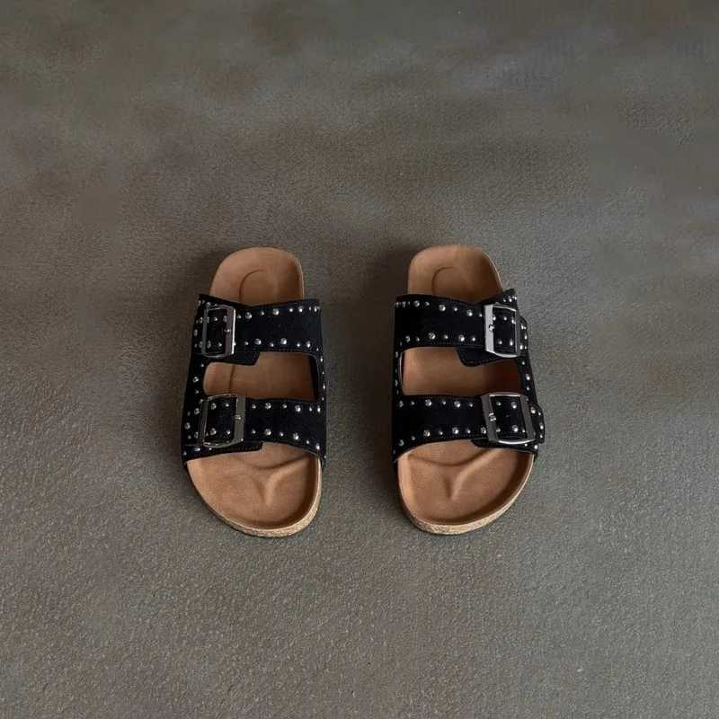 Retro Platform Slippers for Womens Outdoor Wear Summer New Round Toe Open Toe Studded One-Strap Buckle Flat Shoes W250704