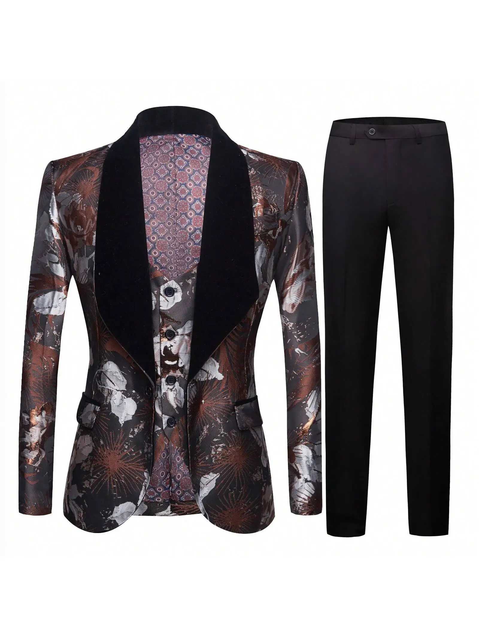 Mens Slim Fit 3-Piece One Button Tuxedo Suit Set for Wedding Prom Dinner Party (Blazer+Vest+Pants) X250704