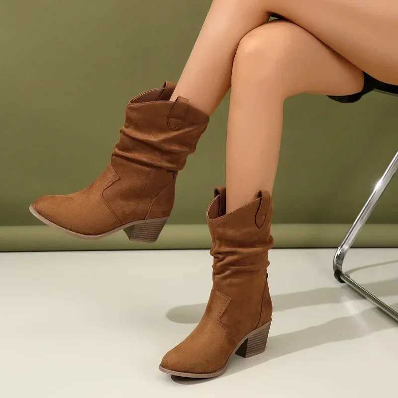 Women Pleated High Heeled Ankle Boots 2024 Autumn New Pointed Toe Brown Cowboy Boots Woman Pu Leather Botas Shoes Plus Size 42 Z250704