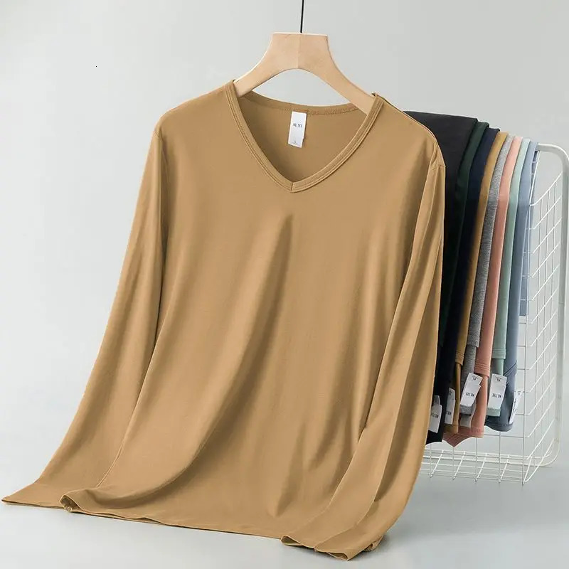 Arrival Mens Casual V-Neck T-Shirts Spring Autumn Long-Sleeve Modal Cotton Solid Color Undershirts Thin Autumn Clothes 250704