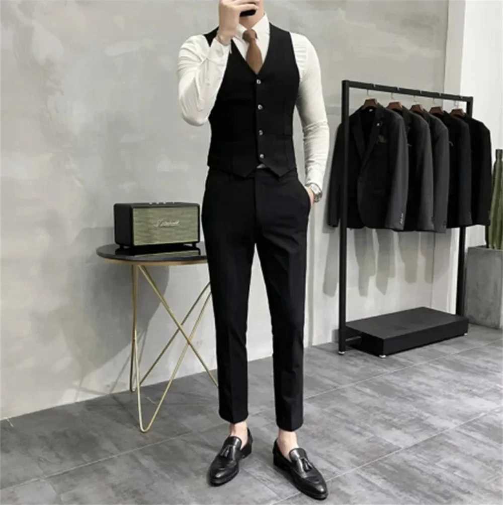 High-end Boutique Fashion Solid Color Mens Casual Business Suit 3-Piece Set Groom Wedding Dress (Jacket + Vest + Pants) X250704