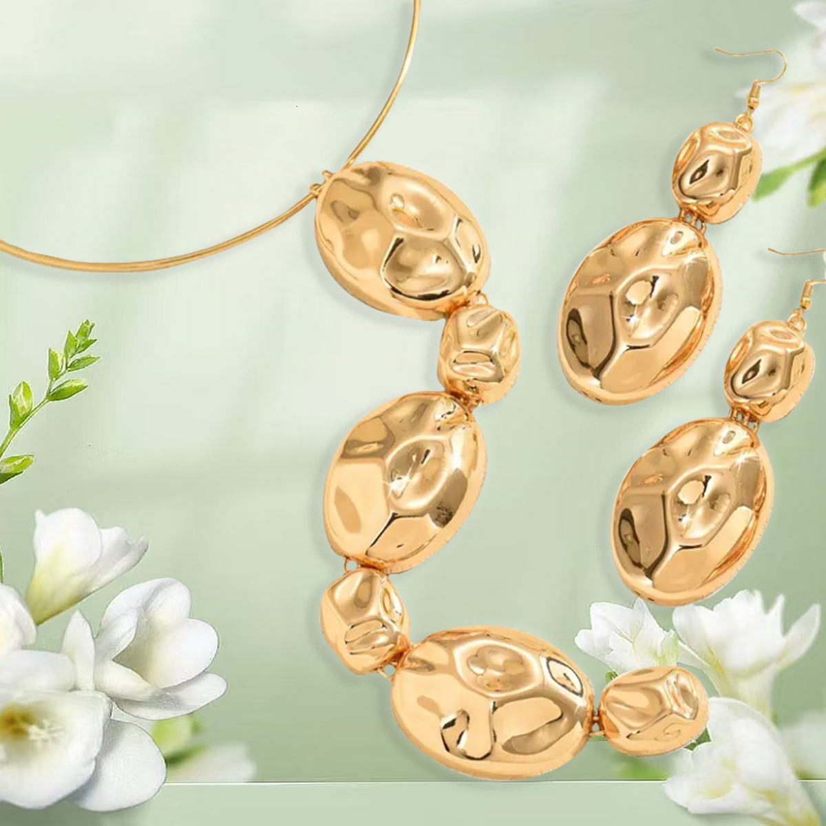 Oval Irregular Geometric Necklace and Earring Unique Metal Temperament Collarbone Choker Set Patchwork