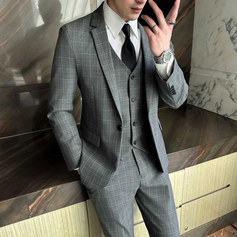 2024 Plaid Three-Piece Suit High-Quality Business Casual Wedding Fashionable Handsome Stylish Set-In Autumn Winter X250704