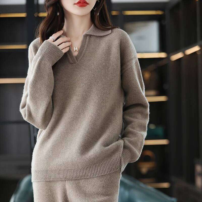 2024 High End Autumn/Winter 100% Pure Wool Knitted Women's Two Piece Set Sweater POLO Collar Cashmere Casual Wide Leg Pants 250704