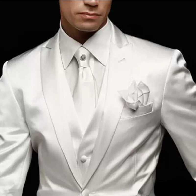 3 Piece White Satin Wedding Suits Groom Tuxedos Peaked Lapel Custom Made Handsome Business Party Male Suit ( Jacket+Pants+Vest) X250704