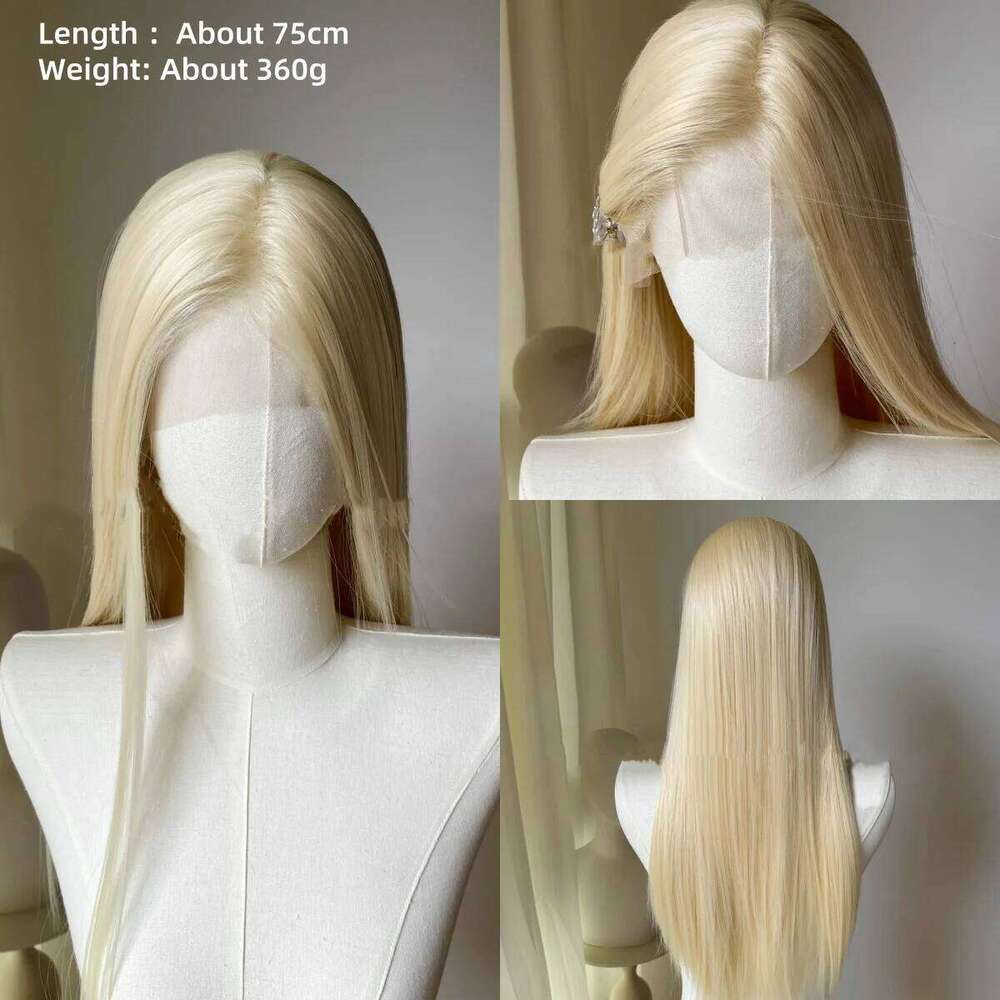 Light Gold 13 * 4 Hand Hook Front Lace Headset, High Temperature Spinning, Long Straight Simulation Hair Wig