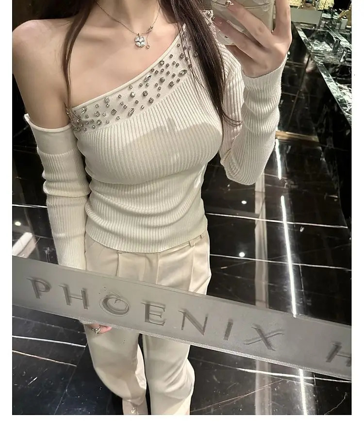 Neck Off Shoulder Elegant Pullover Knitted Top Pull Femme Irregular Diamond Sweaters Bottom Shirts Korean Fashion Slim Sexy 250703
