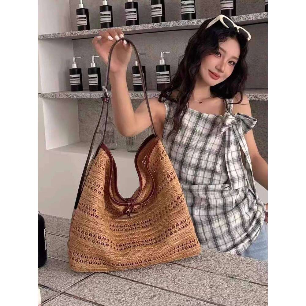 Straw Beach Bag Beach Bags Trendy Straw High End Hollow Woven Raffia Tote For Women Large Capacity Shoulder Crossbody Bag Beach Tote Bag
