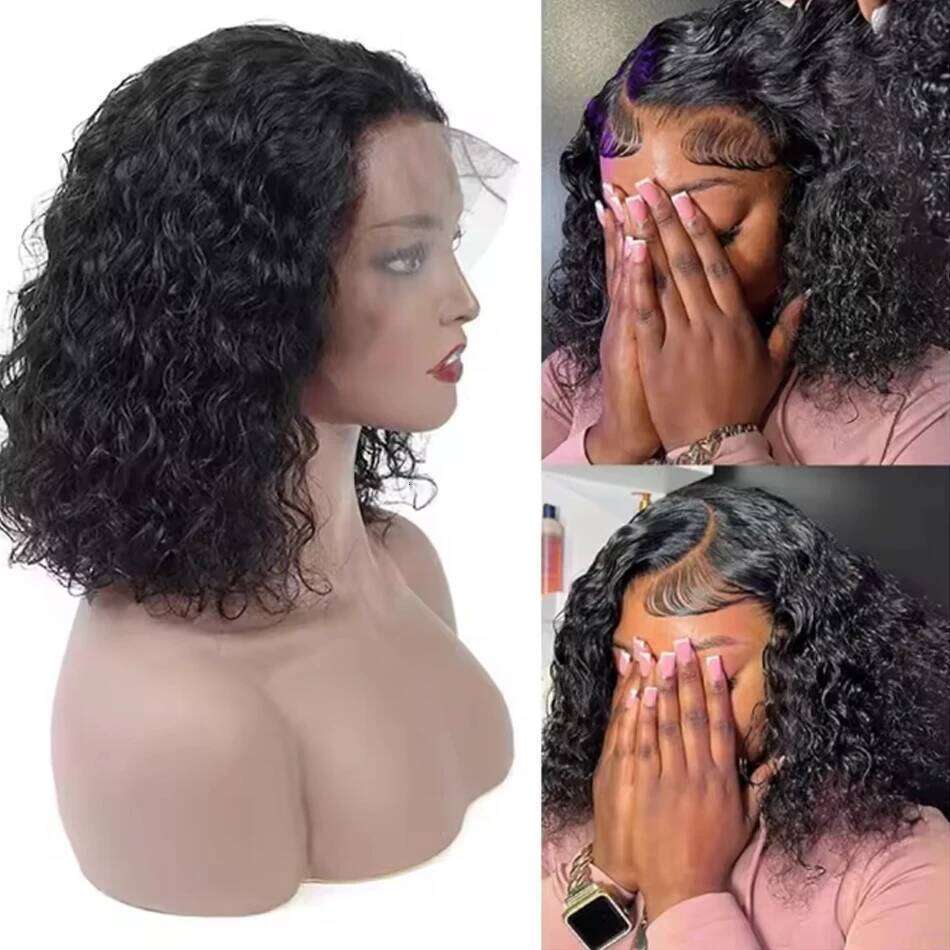 180Density 13x4 Lace Frontal Wave 100% Human Hair T Part Transparent Water Curly Bob Wigs For Black Women Brazilian