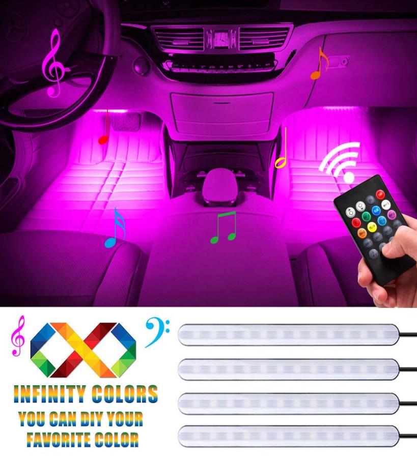 Car LED Strip Light 4Pcs 48 LEDs Multicolor Car Interior Light with Sound Active Function Wireless Remote Control Car Charger20195243605