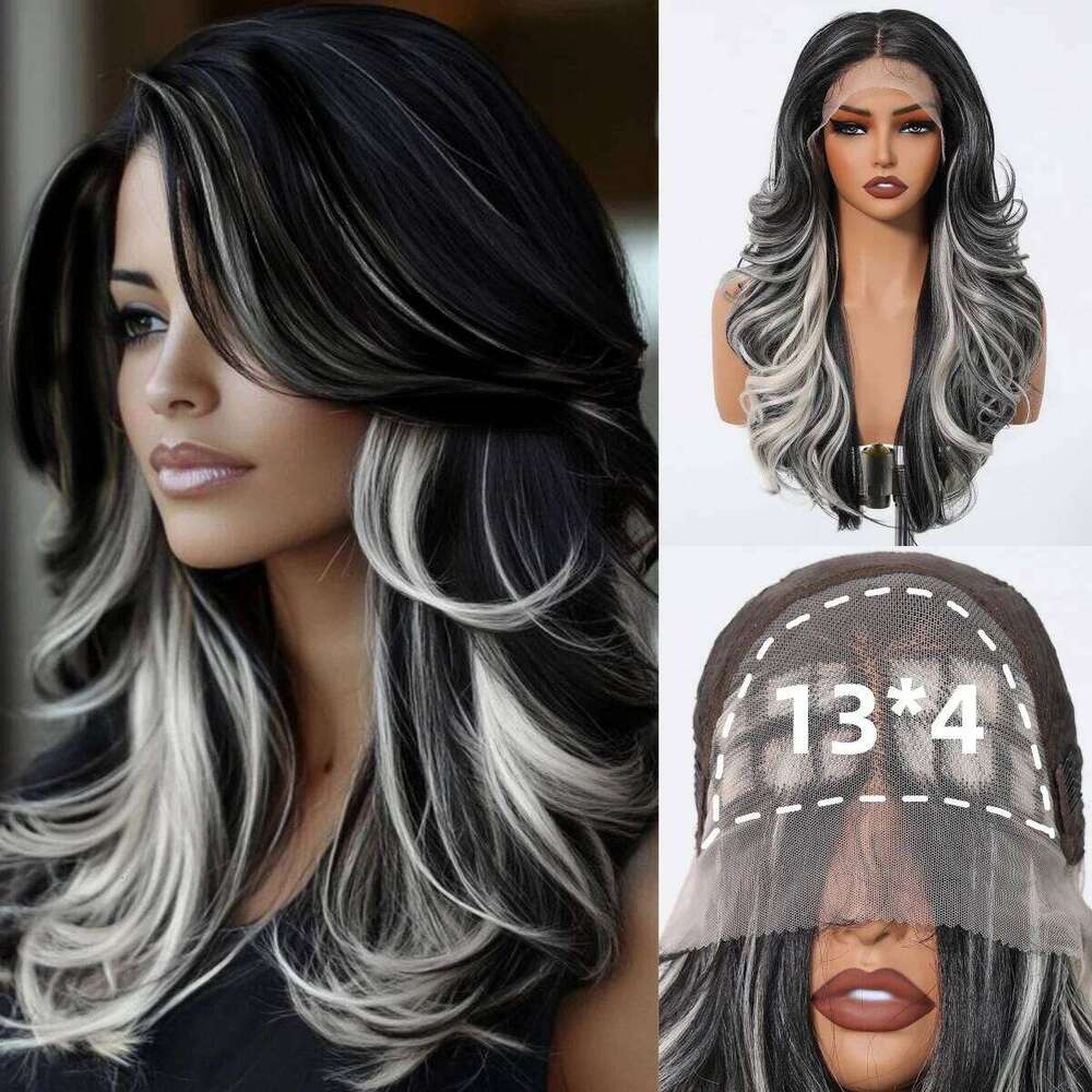 HENRY MARGU Long Wavy Synthetic Front Black White Highlight Curly 13*4 Lace Frontal Natural Wig for Women Daily Use
