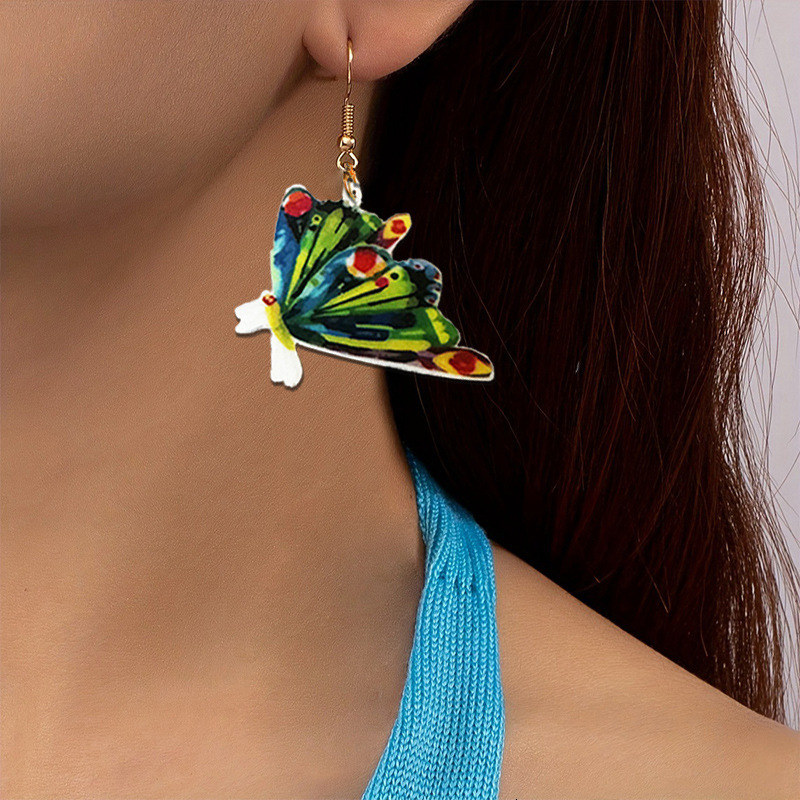 1 Pair Of Green Small Butterfly Earrings Acrylic Material Fresh Pastoral Style Fashion