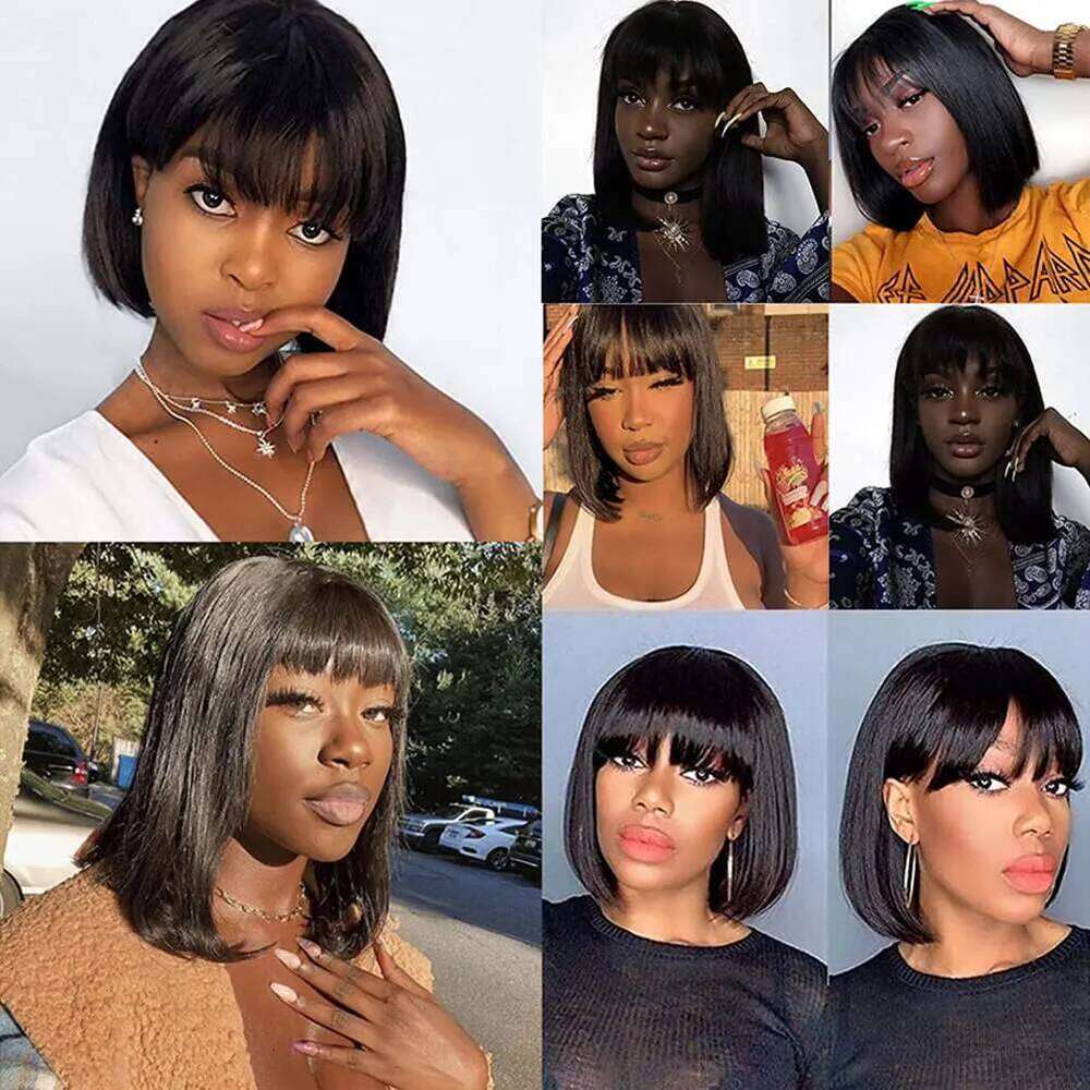 Straight Bob Wigs With Bangs Short Brazilian 180density For Woman Full hine Made Human Hair Wig