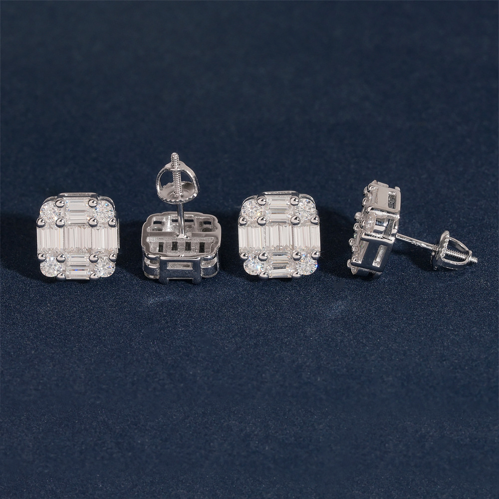 New Arrival Hip Hop Design Baguette Diamond VVS Iced Out Moissanite Stud Earrings for Men