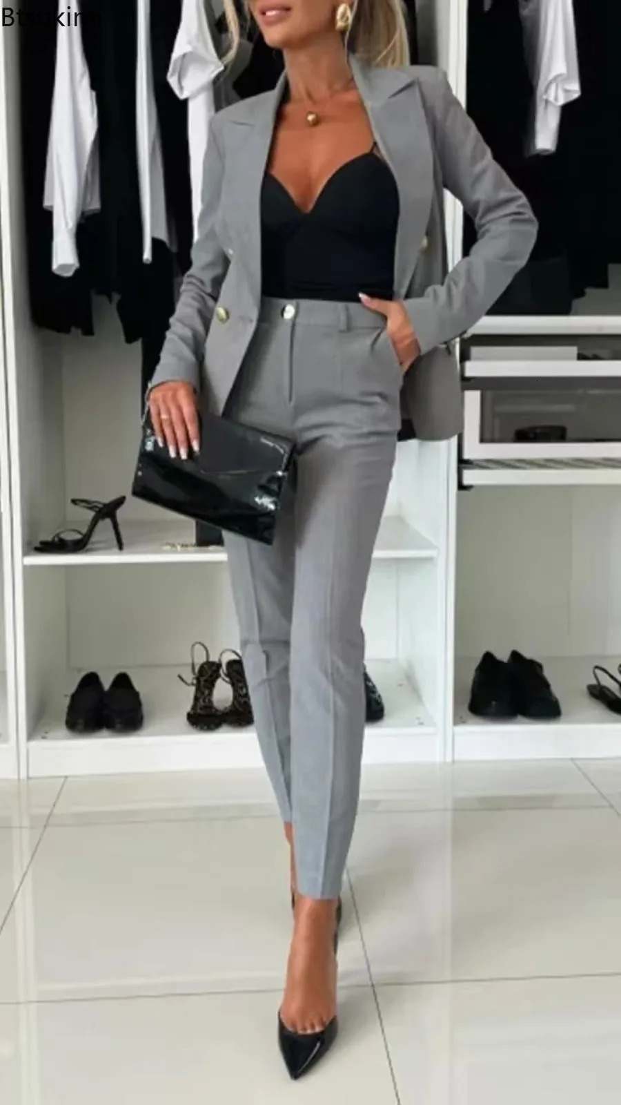 Womens Lapel Button Coat Jacket Pencil Pants Suit Sets Elegant Business Office 2PCS Set Female Slim Blazer Outfits Sets 250703
