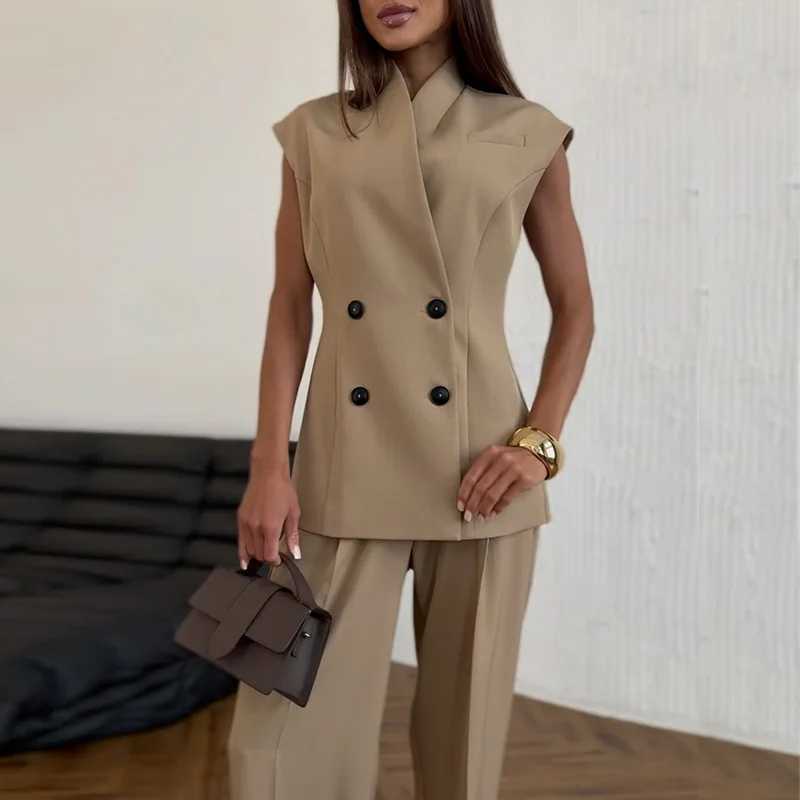 DriftWear 2025 Summer Double Breasted Waisted Vest Top High Waisted Pants Set 2pcs Set Slveless Vest Tops Wide Leg Pant Suits X250704