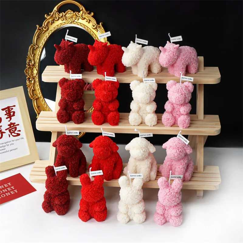 3D Cute Rose Bear Aromatherapy Candle Flowers Animal Bear Dog Rabbit Childrens Gift Decor Mold for Wedding Valentines Day Decoration W250704