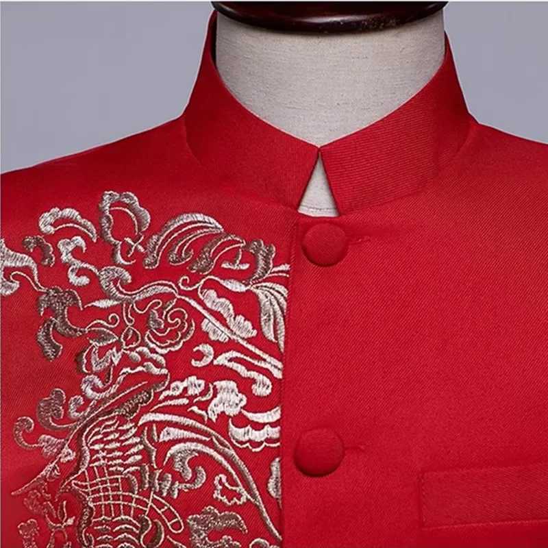 Fashion Men Standing Collar Embroidered Suit Male Business Social Wedding Prom Stage Performance Blazer and Pants X250704