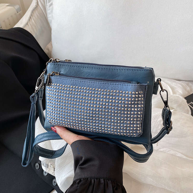 Fashion Rivet Soft Leather Trendy Small Square Multi-layer Women's New Casual Shoulder Crossbody Bag