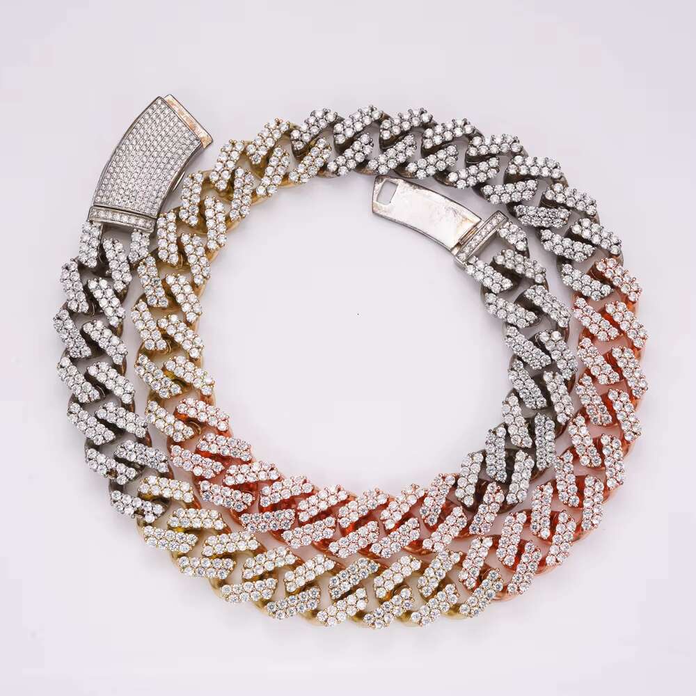 Fashion Tri Color 12mm Iced Out Cz Diamond Cuban Link Heavy Silver Chain Necklace