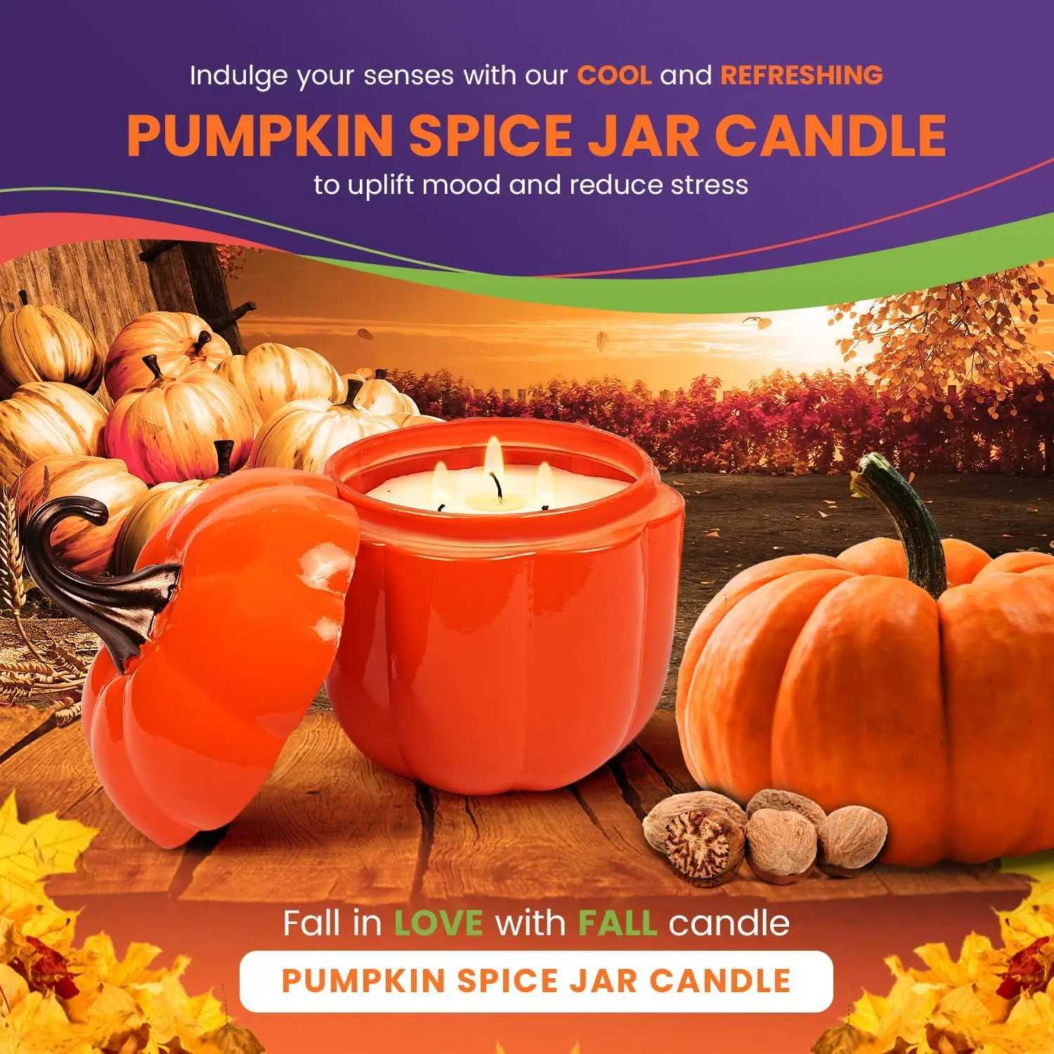 Pumpkin Spice Candle - 55 Hours Burn - 16 oz Large Soy Candle with 3-Wicks - Fall Scented in The Shape of a Pumpkin W250704