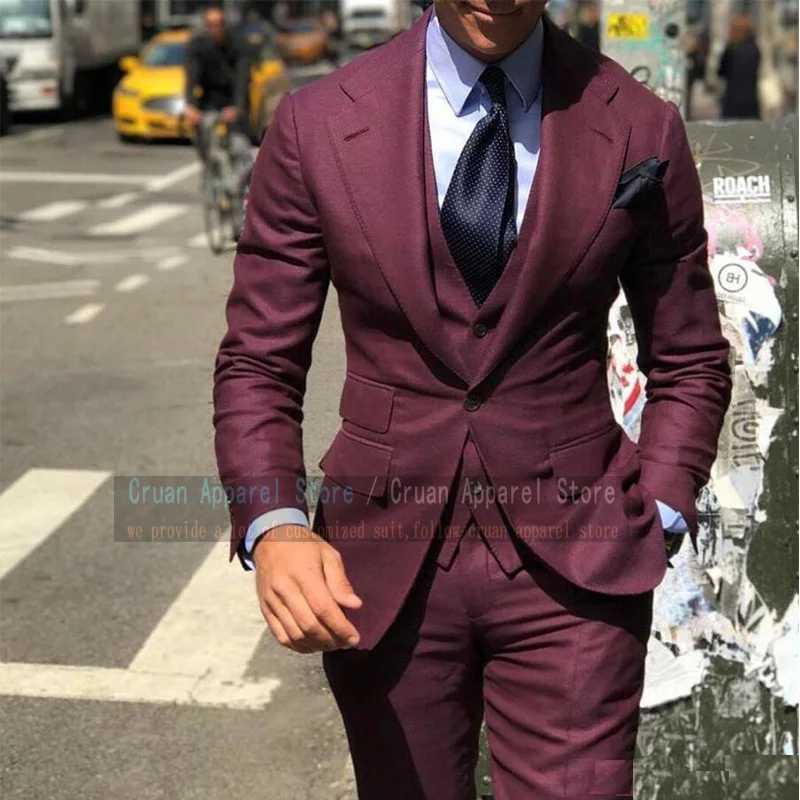 Custom Wine Red Suit Male Slim Fit Prom Marriage Tuxedo Clothing Wedding Suits for Groom Mens Sets Blazer Waistcoat Pants 3Pcs X250704