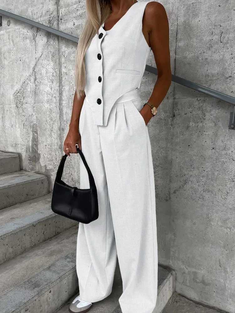 2025 Autumn Casual Suit sets for women 2 pieces V-neck Slveless Colorblock Vest Top Ruched Pants Set Trousers Y2K Mujar X250704