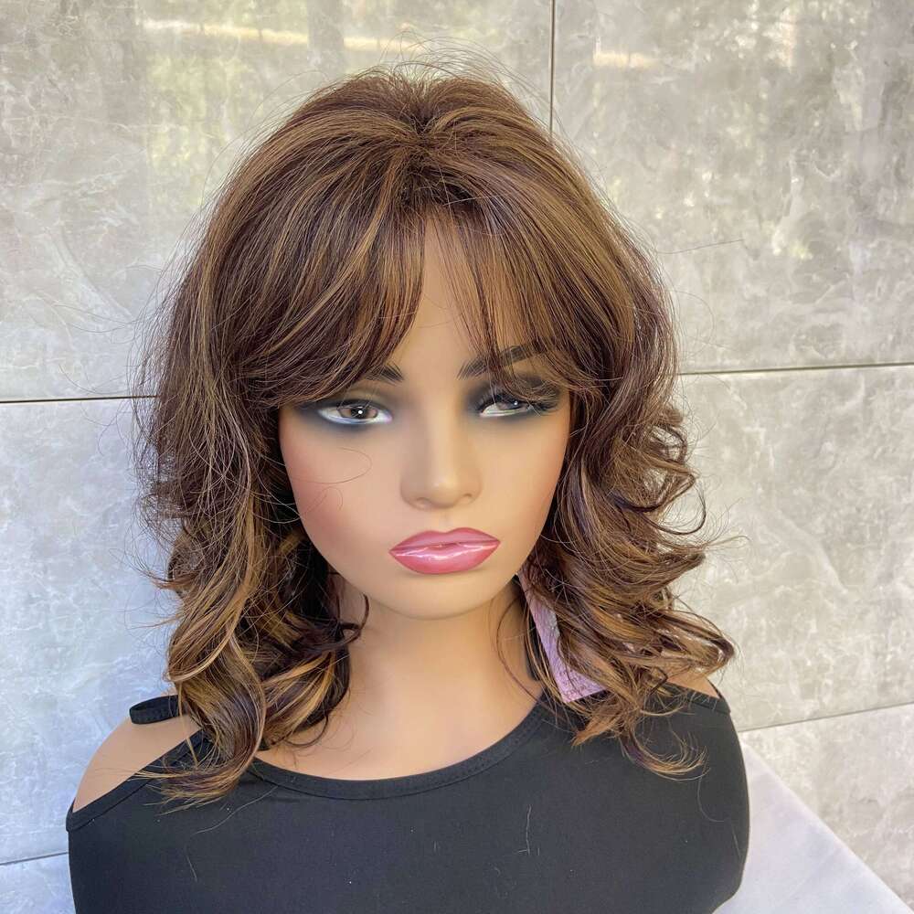 Fashiomag Wavy Brown Mix Synthetic Hair Wigs With Bangs Women Natural Daily Use Wig
